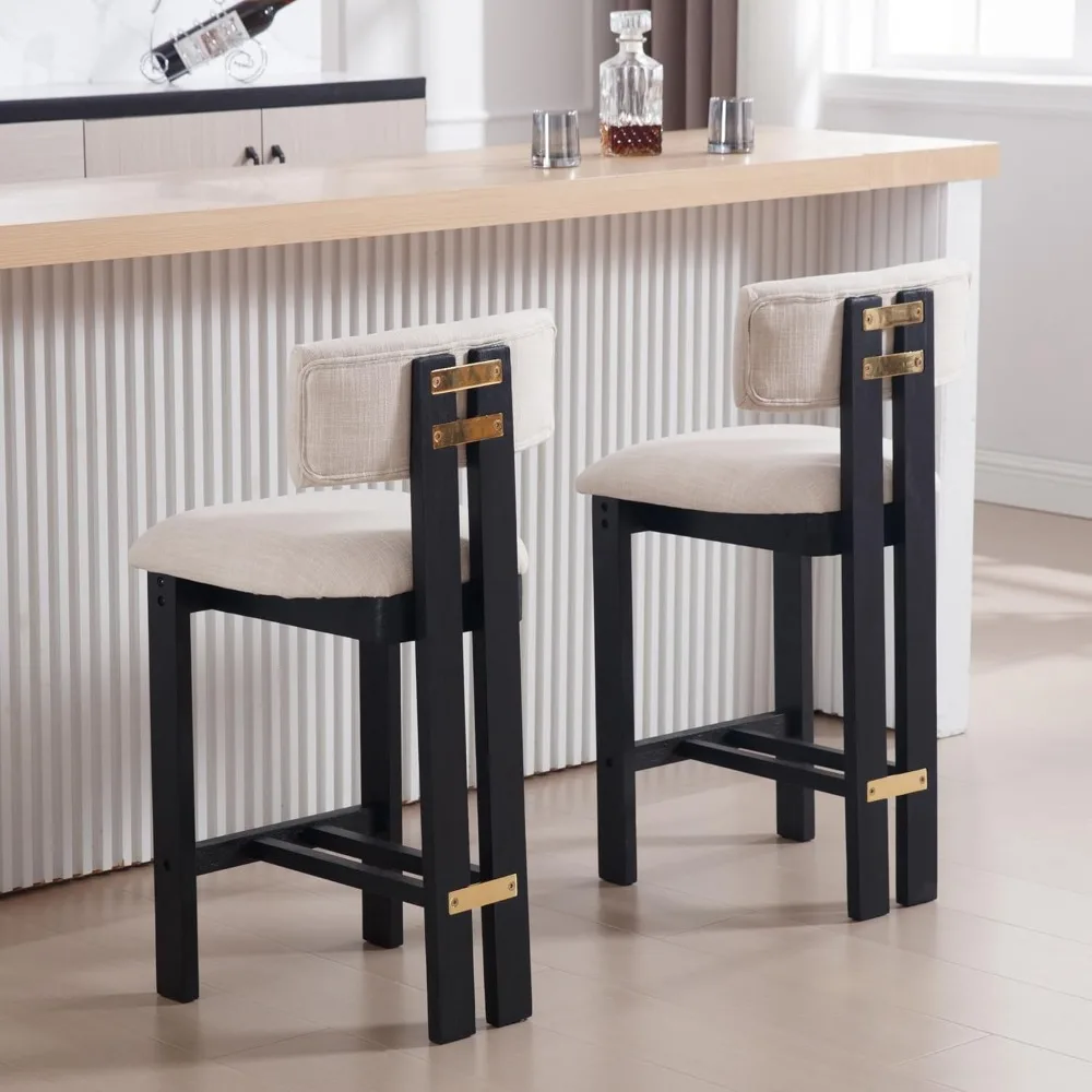 26 Counter Stools Set of 2 Counter Height Bar Stools with Back and Black Solid Wood Legs Modern Farmhouse Linen Upholstered Kitc