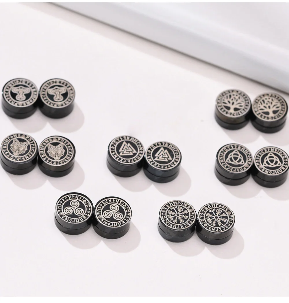 Gothic Punk Nordic Viking Mens Strong Magnet Magnetic Earrings Stainless Steel Non Piercing Ear Studs Fake Earring for Boyfriend