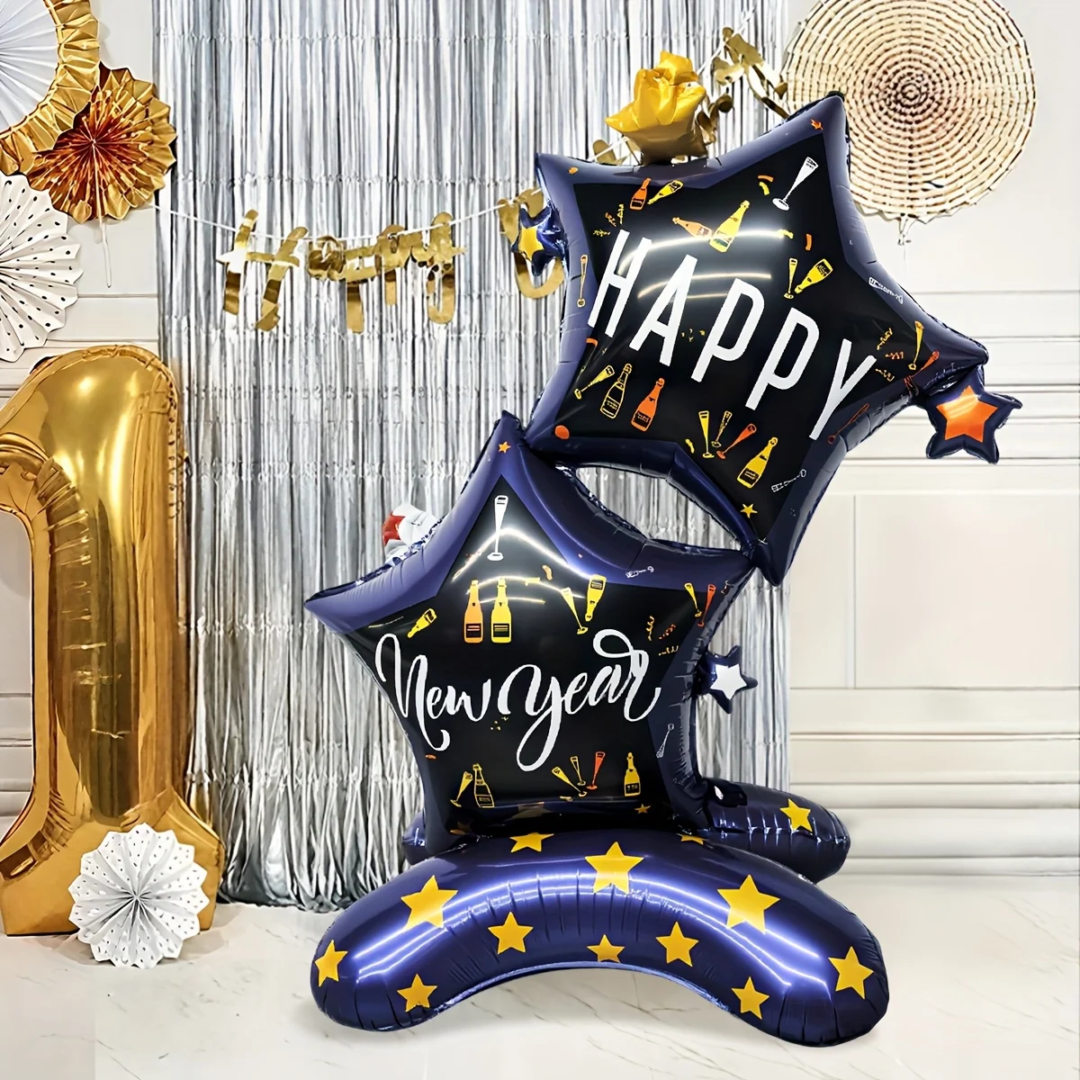 1pc Standing New Year Aluminum Foil Balloon with Happy New Year Wine Bottle and Star Shape Festive Supplies Party Decoration