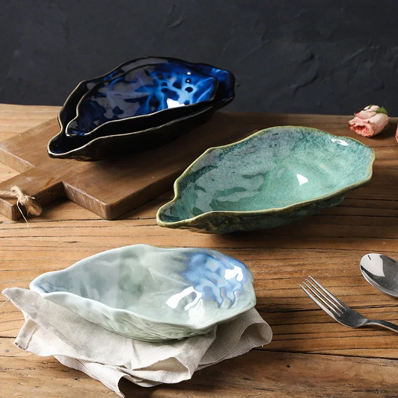 Kiln Ceramic Oyster Plate Snack Bowl Dessert Bowl Spice Bowl Fruit Plate Salad Plate Tray Retro Tableware Oyster Shell Tray