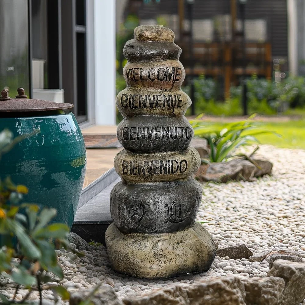 

32.2" H Concrete Garden Statues Indoor/Outdoor Stacked Stone Style Statue Garden Yard Outdoor Home Decoration