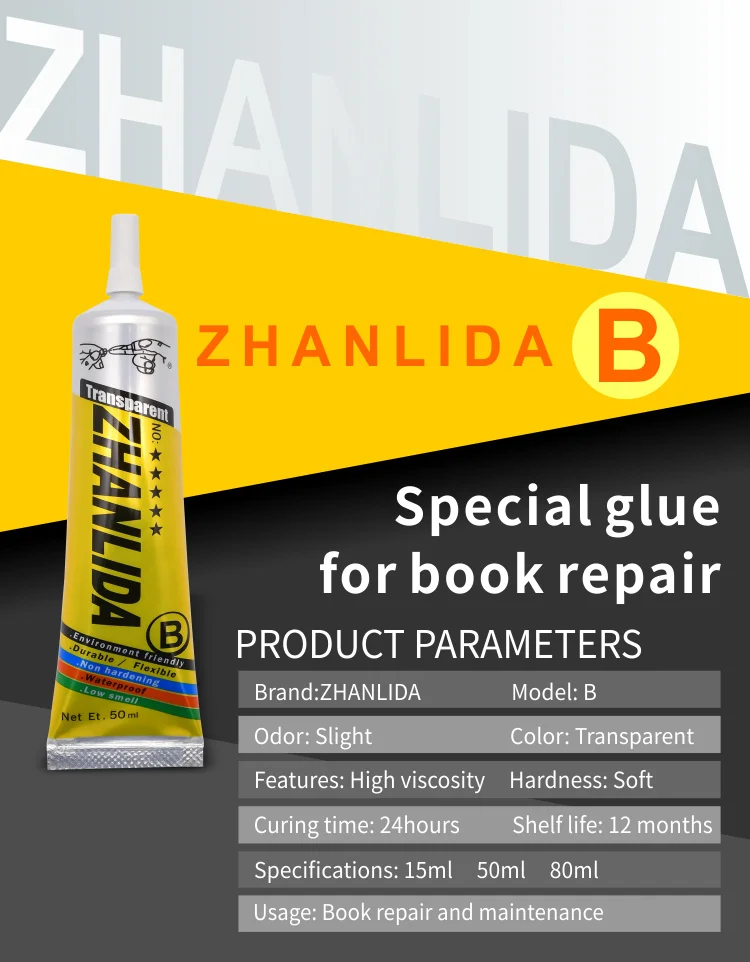 Zhanlida B Book Repair Glue Com Ponta Aplicadora de Precisão Transparente 15ML