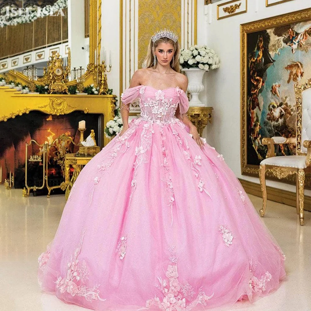 

Розовое платье Quinceanera с короткими рукавами, бальное платье с 3D цветочной аппликацией и бисером, мексиканское платье принцессы Vestidos De 15 Anos по индивидуальному заказу
