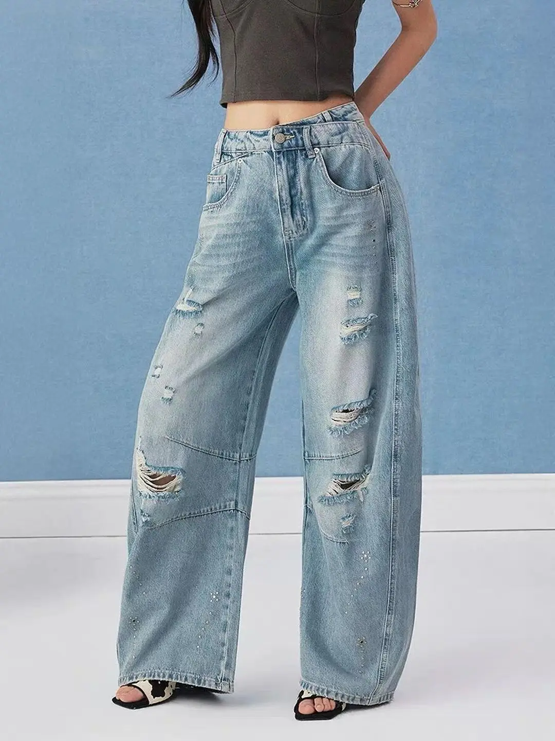 

Y2K American Retro Washed Ripped Wide Leg Jeans High Waist Loose Fit Slimming Straight Leg Pants for Women