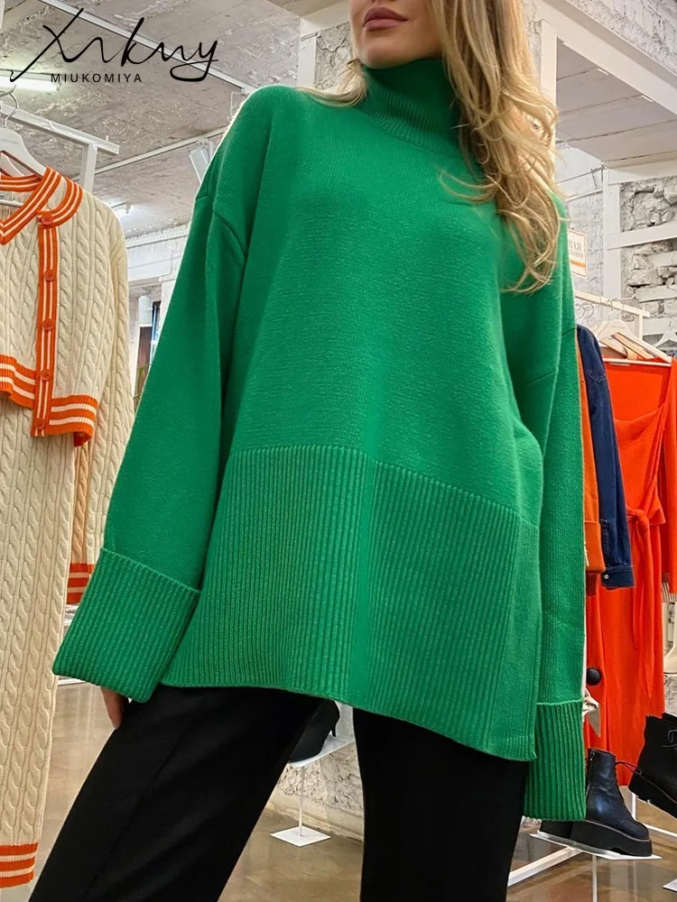 MiuKoMiYa-suéteres de cuello alto para mujer, jerséis grandes de punto, color verde, invierno, 2022