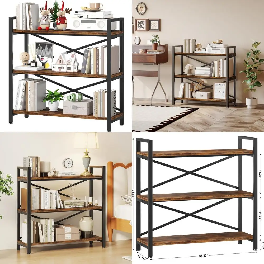 

3-Tier Wooden and Metal Bookcase, Vintage Farmhouse Style, Large Home Library Shelf