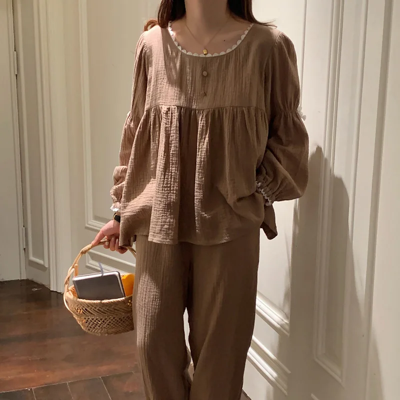 Korean Cotton Line Home Suit Women Solid Vintage Sleepwear Soft Pajamas Set Sweet Loose Buttons Lazy  Long Pants Tow Piece Set