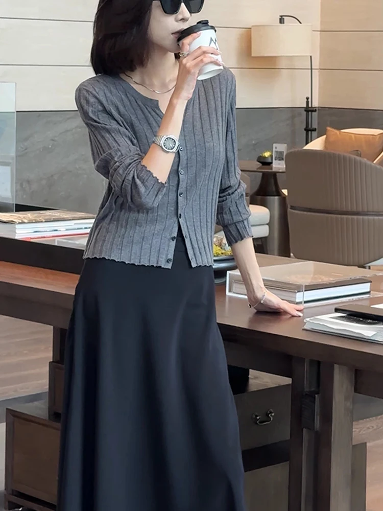 한국 슬레 니트 오픈 가디건 슬림 단색 텍스처 롱 슬리브 캐주얼 출퇴근 심플 레이지 슬레 탑 여성 패션