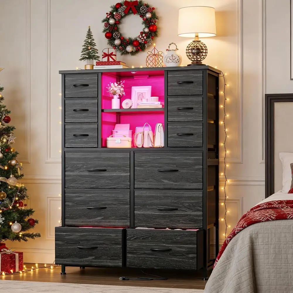 Estação de carregamento para quarto DAFIFY e cômoda com luz LED, grande corredor/sala de estar, entrada, estrutura de metal, cômoda e baú preto, 50.6