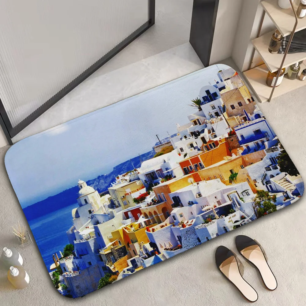 Bathroom Mat Santorini Mykonos Rhodes Greek Island Mediterranean Travel Posters Floor Mats Aesthetic Room Decoration Home Custom