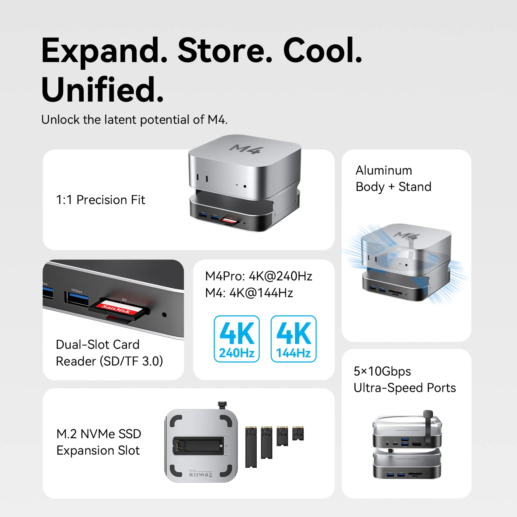 Vention USB HUB Docking Station for Mac Mini M4 Pro DP 4K@240Hz M.2 NVMe SSD USB 3.2 10Gbps 3.5MM SD&TF for Mac Mini M4/M4 Pro