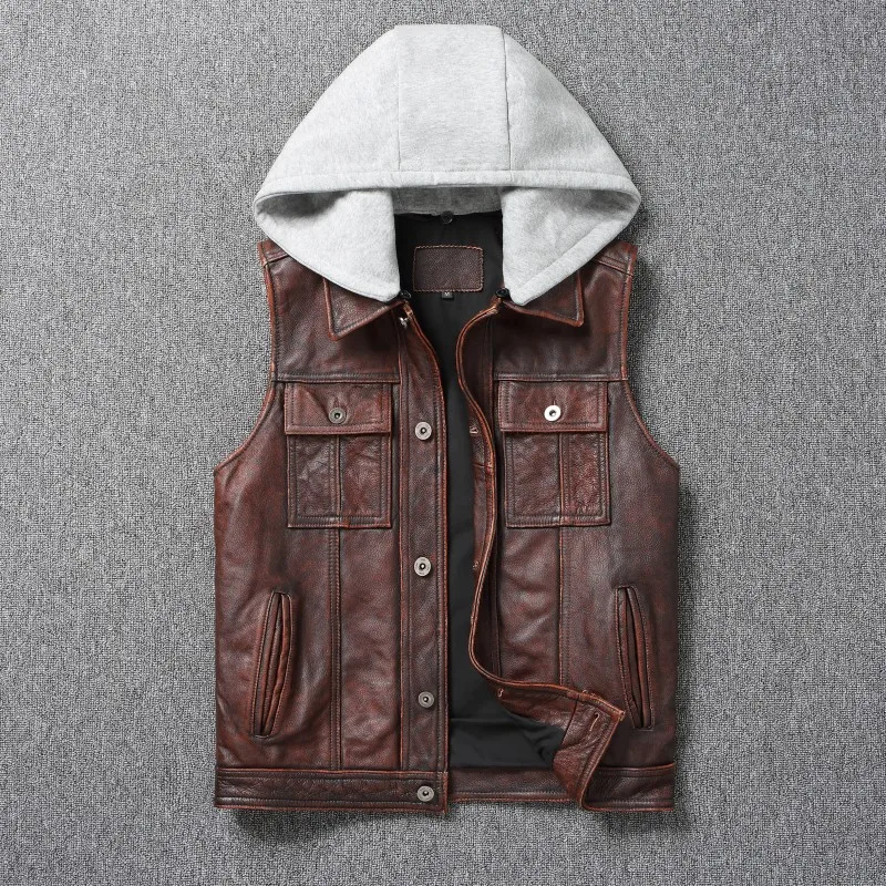 

Жилет из воловьей кожи, весенний мужской жилет из натуральной кожи, мотоциклетные куртки без рукавов с капюшоном, мужская одежда куртка мужская