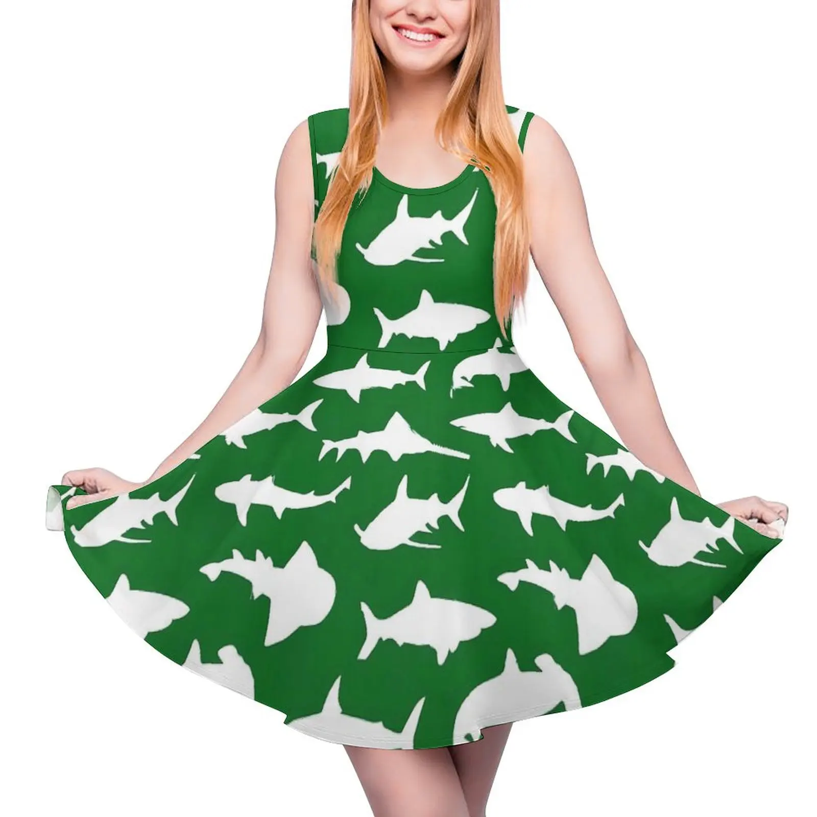 

Sharks on Green Dress Animal Silhouette Night Club Dresses Sleeveless Fashion Skate Dress Womens Design Vestido Birthday Present