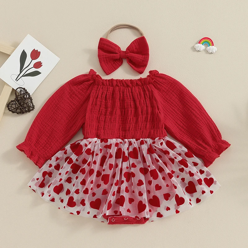 Toddler Girls Valentine s Day Outfit Long Sleeve Heart Print Romper Dress with Matching Headband Set for Baby Girl