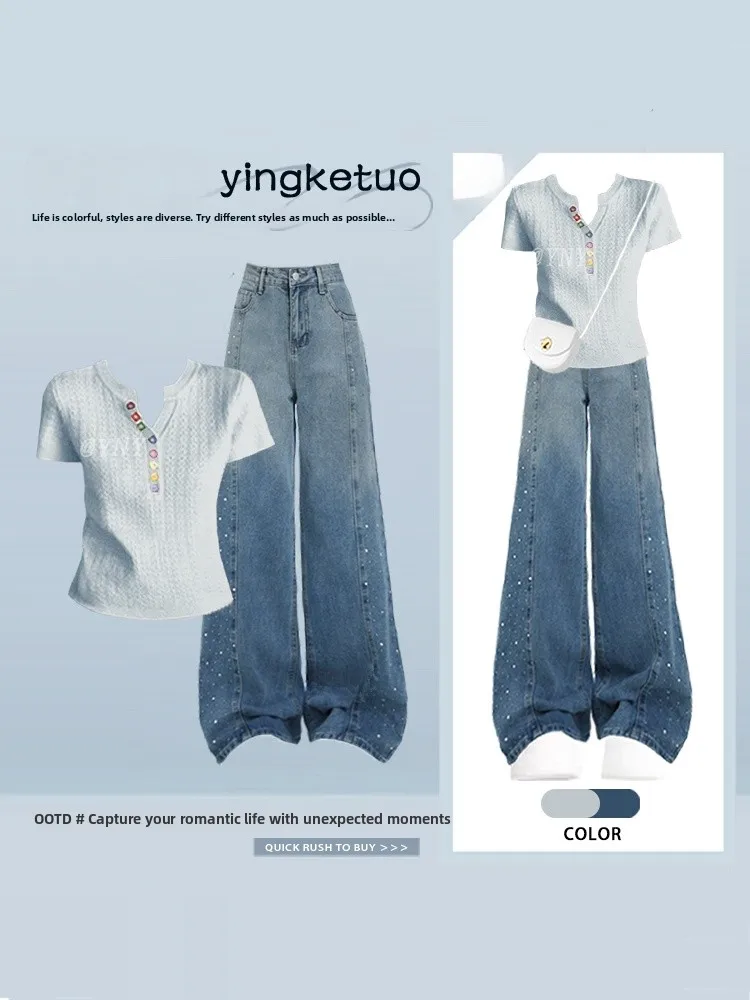 Summer Design Sensation Women's Fashion Set Short Sleeve T-Shirt with Diamond Embellished Wide Leg Jeans Two-Piece Ensemble