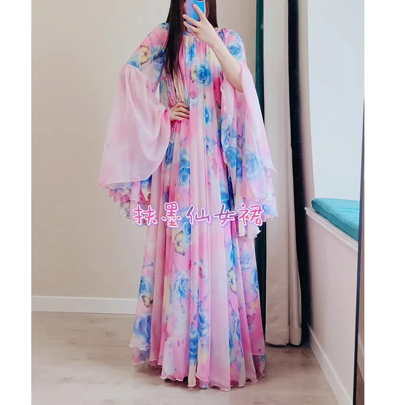 Plus Size Double Silk Chiffon Elegant Fashion Pink Flower Floor Mopping Long Sleeved  Summer Dress women 2024 Evening Dresses