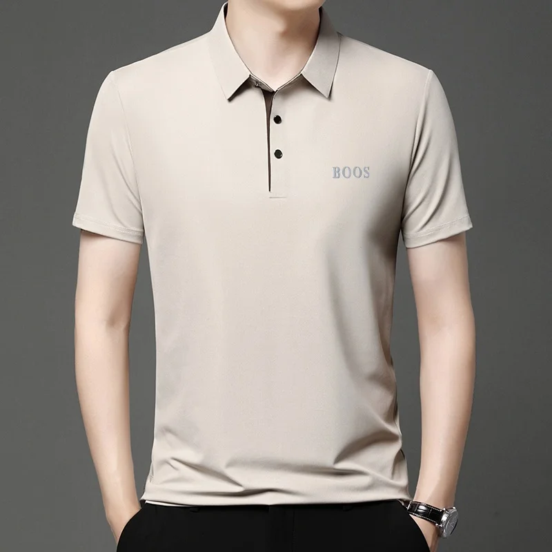 Freizeit-Herren-Kurzarm-Poloshirt mit Revers-Knopfleiste, Einfarbig mit Schriftzug, Bequemes Atmungsaktives Trendiges Herren-T-Shirt – Detail 10
