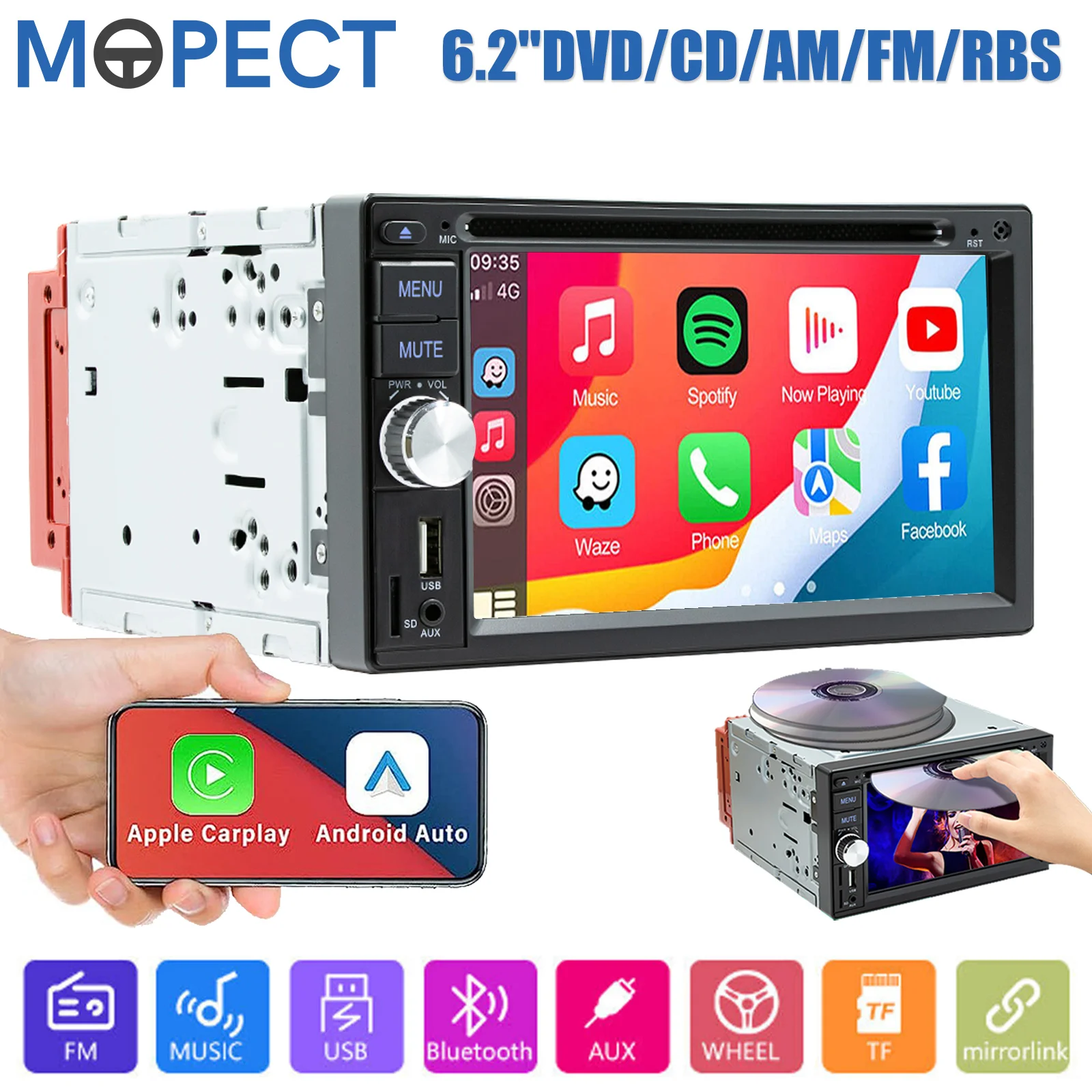 MOPECT 6,2-Zoll Doppel-DIN Autoradio DVD/CD Auto-Stereoanlage Android Auto Radio Touchscreen Bluetooth SD USB SWC FM/AM/RDS mit Mikrofon & Kamera