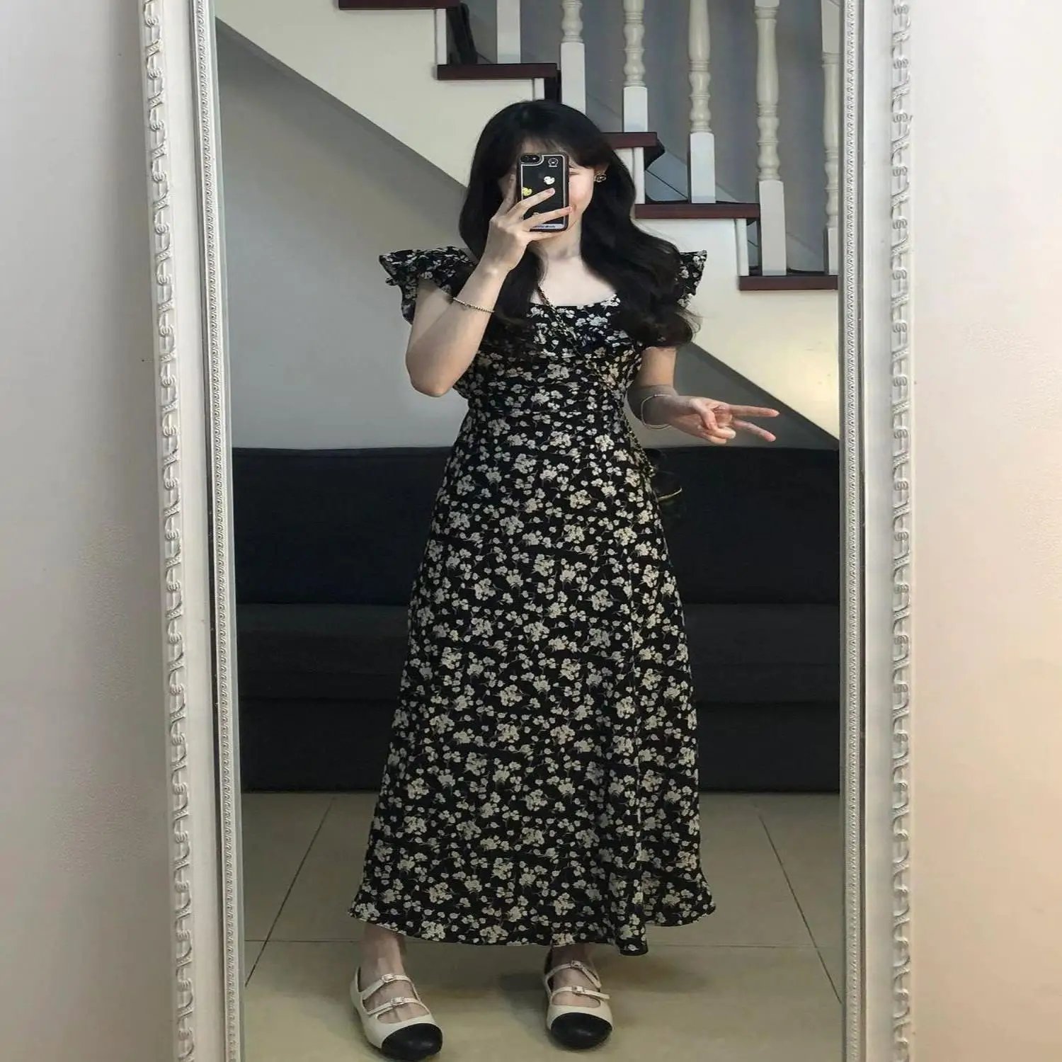 

Summer 2023 Black Floral Print Long Dress Women's Fashion High Waist A-Line Skirt Elegant Quality Polyester Fabric Short Sleeve
