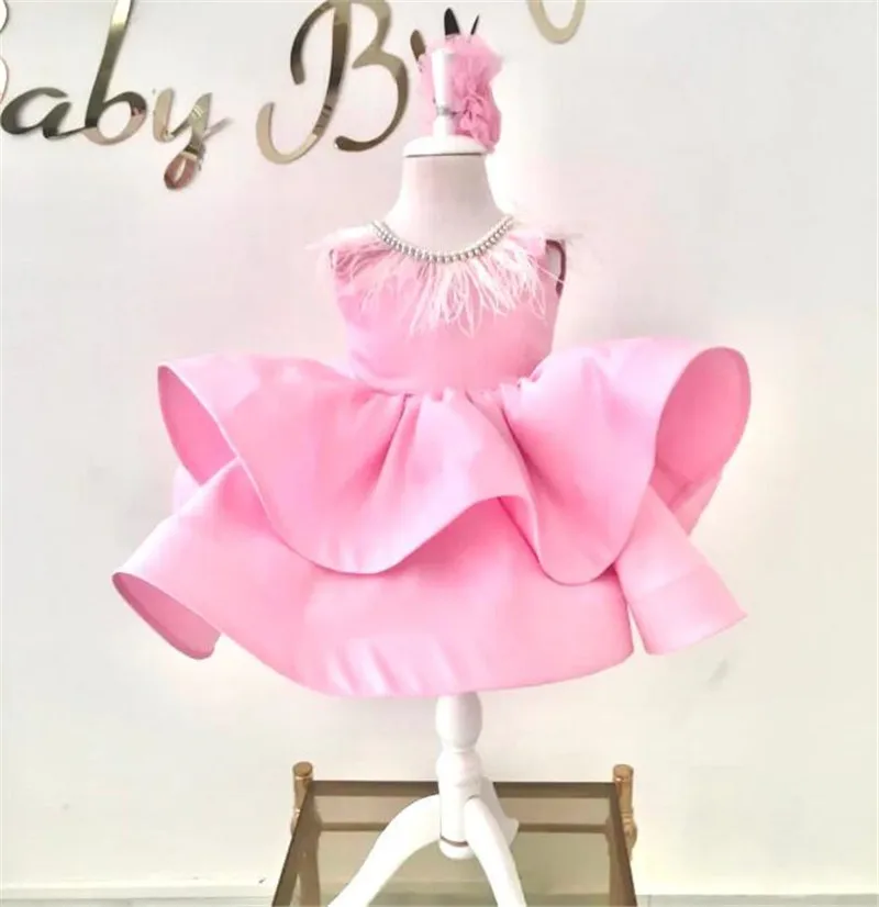 

Cute Pink Baby Girl Dress Feather Neck Kid Tutu Outfit Little Princess Birthday Party Dress New Celebration Gown 12M 24M