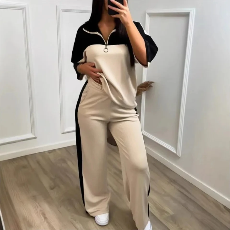

Fashion Color-blocked Short Sleeved Sweatshirt T Shirt Women's Suit Summer Casual Loose Elastic Waist Sports Trousers 2piece Set