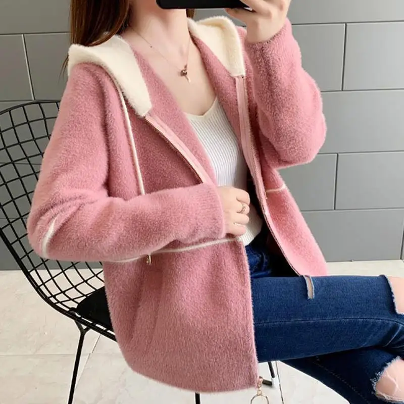 Casual Hooded Imitation Mink Velvet Cardigan Women Korean Fashion Loose Sweater Jacket Fall Soft Long Sleeve Knitted Coat U795