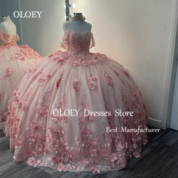 OLOEY Glitter Pink Quinceanera Dress Pearls Appliques Off Shoulder Wedding Dress Mexico 15 18 Ball Gown Beads Custom Corset