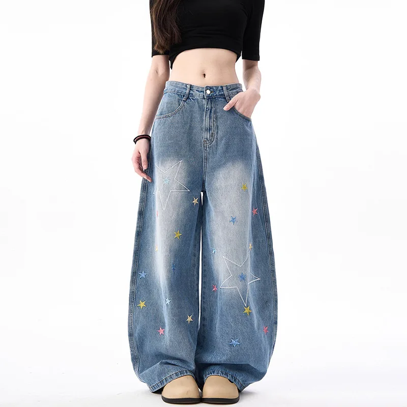 

Vintage blue distressed colorful star embroidered curved pants2025Loose-fitting wide-leg straight-cut drapey jeans
