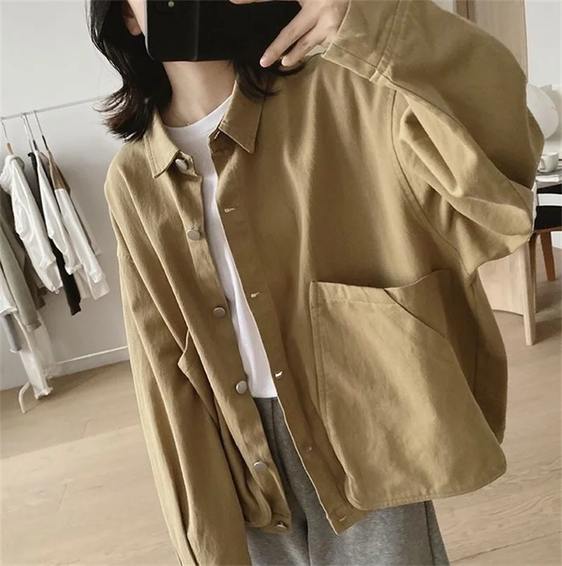 

Spring and Autumn New Loose workwear Jacket for Women in Large Size, Slim and Unique Design, Retro Large Pocket Solid Color Top