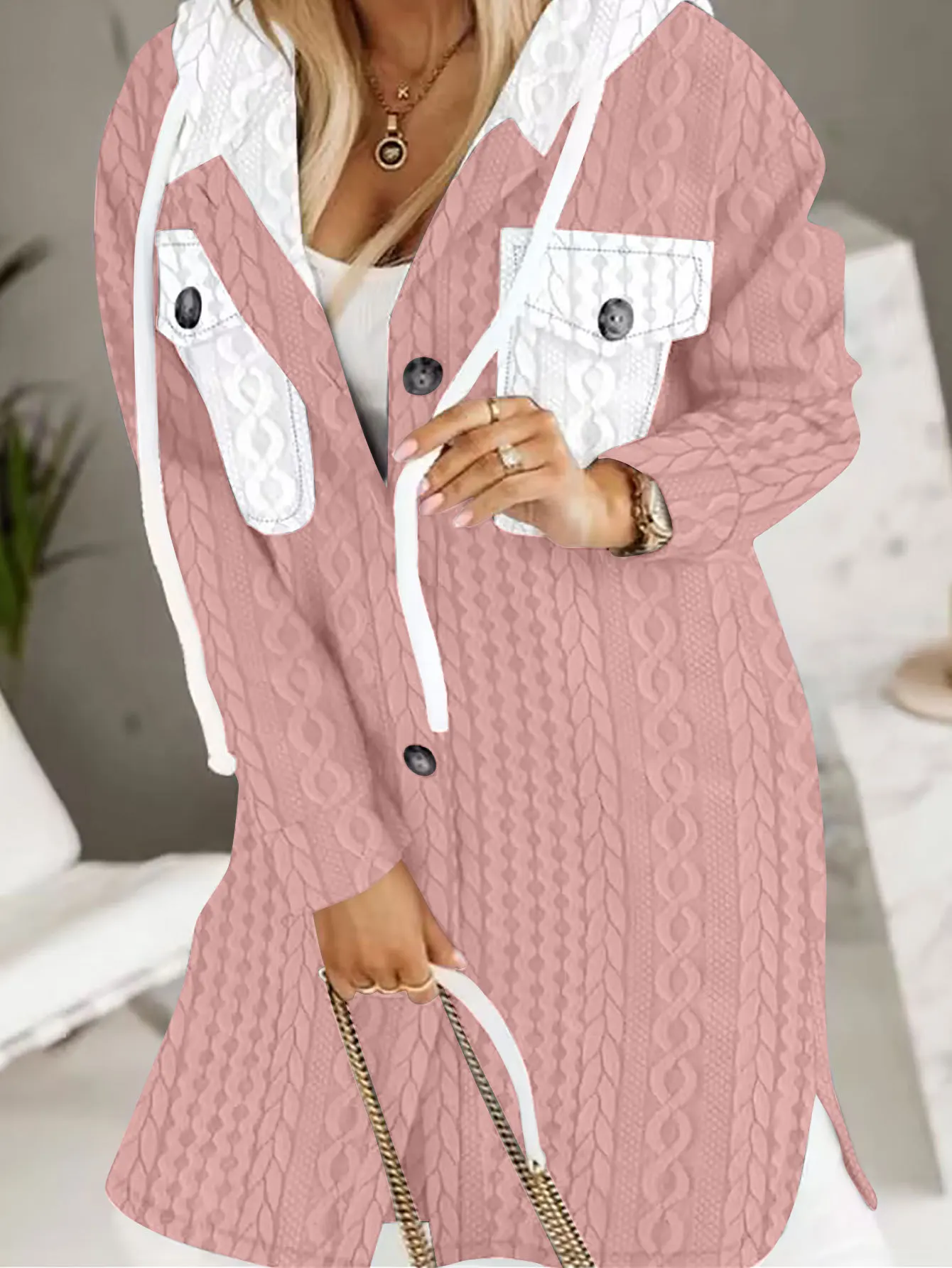 Cárdigans cálidos con capucha para mujer, abrigo informal de manga larga con bolsillo y botones, ropa de otoño e invierno, 2023