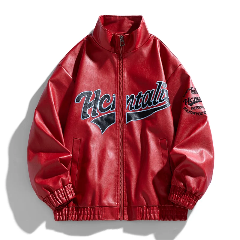 

Leather Jacket Men Letter Motorcycle Jacket Man Women Fashion Embroidery Leather Coat Hip Hop Loose Couple Streetwear Red Black