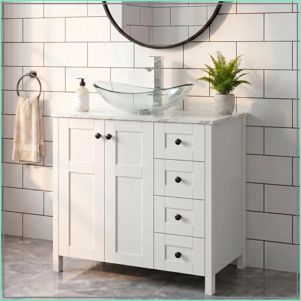 32 Inch White Bathroom Vanity with Marble Texture Top, 4 Drawers, Glass Vessel Sink