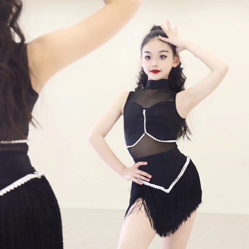 

Summer New Girls Latin Dance Costume Samba Dance Clothes Children Mesh High-Neck Practice Clothes Black Tassels Skirt Set XH2870