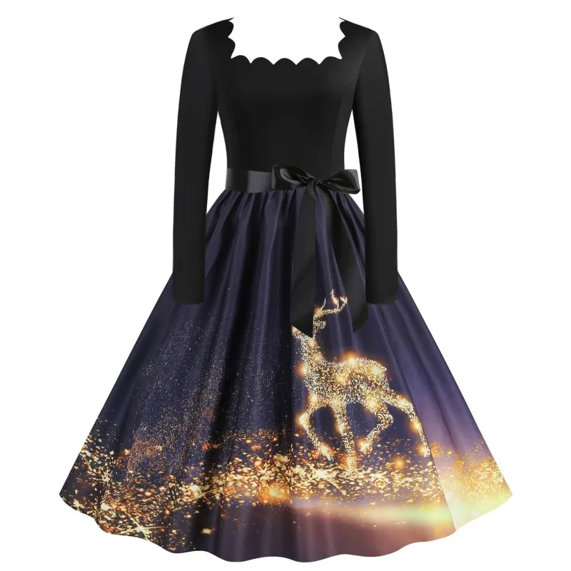 Robe de noël, nouveau produit, col carré, manches longues, épissure noire, imprimé, personnalité rétro, robe de Cosplay