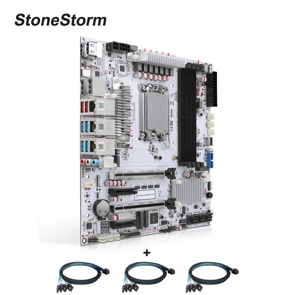 스톤스톰 W680 M-ATX 메인보드 LGA1700 12베이 NAS 서버, 4개 U-DIMM DDR5, 3개 M.2 NVMe, SATA3.0, 10G RJ45, PCI-E x16, 8K 디스플레이