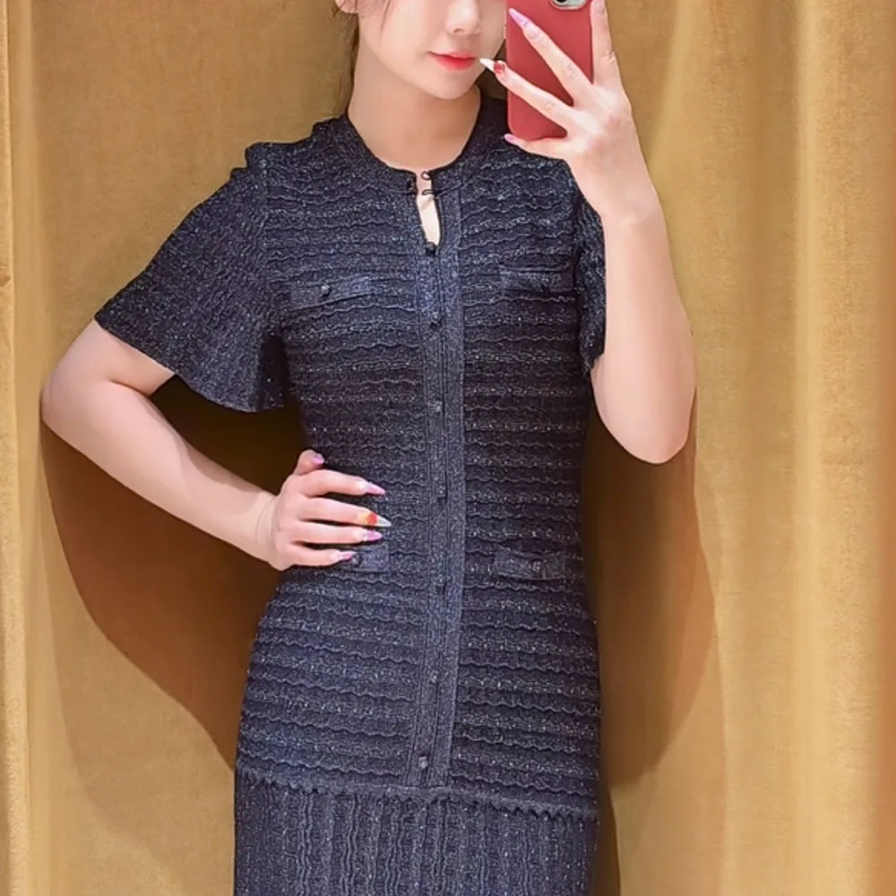 New Women Knitted Midi Dress Female Knitted Waist Short Sleeve Midi Dress Cinched Long Robe for Ladies Slimming Round Neck Dress