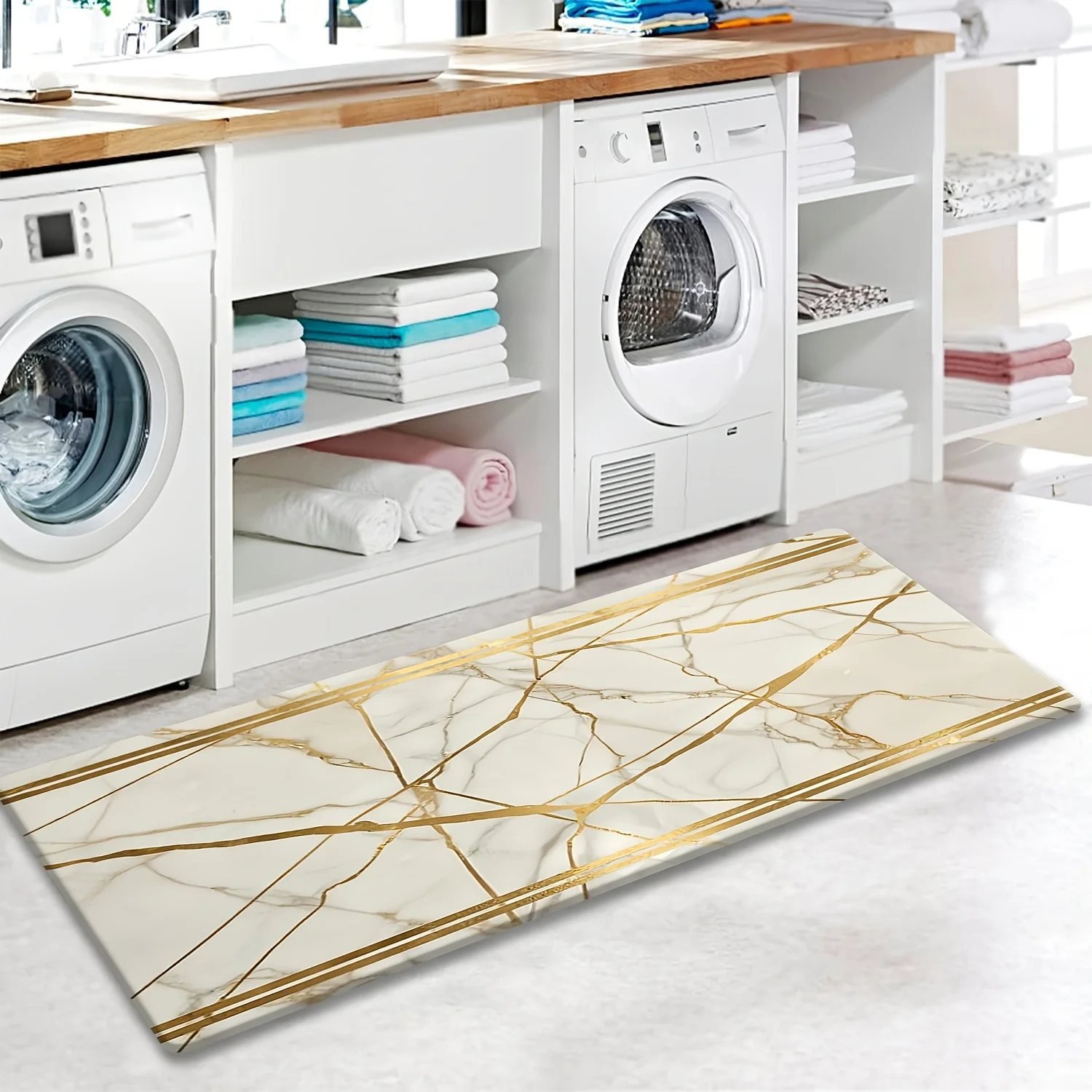 White Gold Vein Marble Kitchen Runner Mat Anti Slip Luxury Golden Crack Stone Print Carpet for Kitchen Hall Bathroom Room
