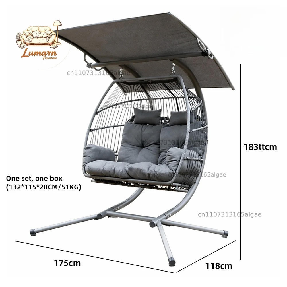 Wrought iron woven double hanging basket swing with awning outdoor sun protection courtyard lazy hanging leisure rocking chair