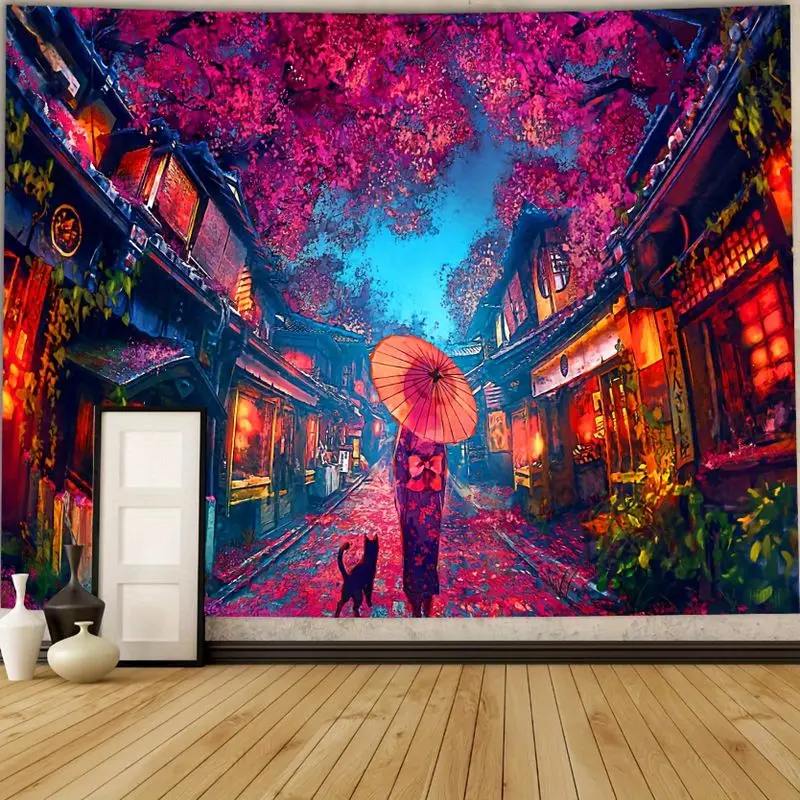 VIKAMA Japanese Cherry Blossom Street Tapestry Geisha Black Cat Wall Hanging UV Blacklight Neon Anime Bedroom Decor