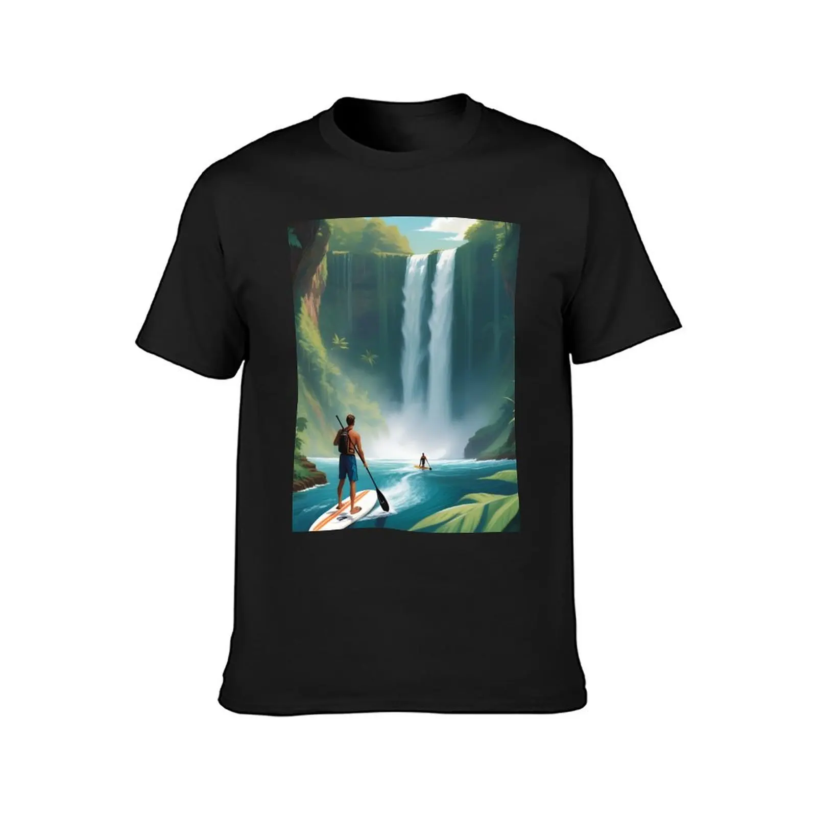 A paddle boarder admiring a majestic waterfall from his boat T-Shirt new edition quick drying sweat plain black t shirts men