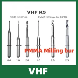 Wiertła frezujące VHF K5 PMMA D3 * 40L długość PMMA NC zestaw z jednym cięciem 0.6/1.0/2.0/2.5mm narzędzie do cięcia CAD CAM