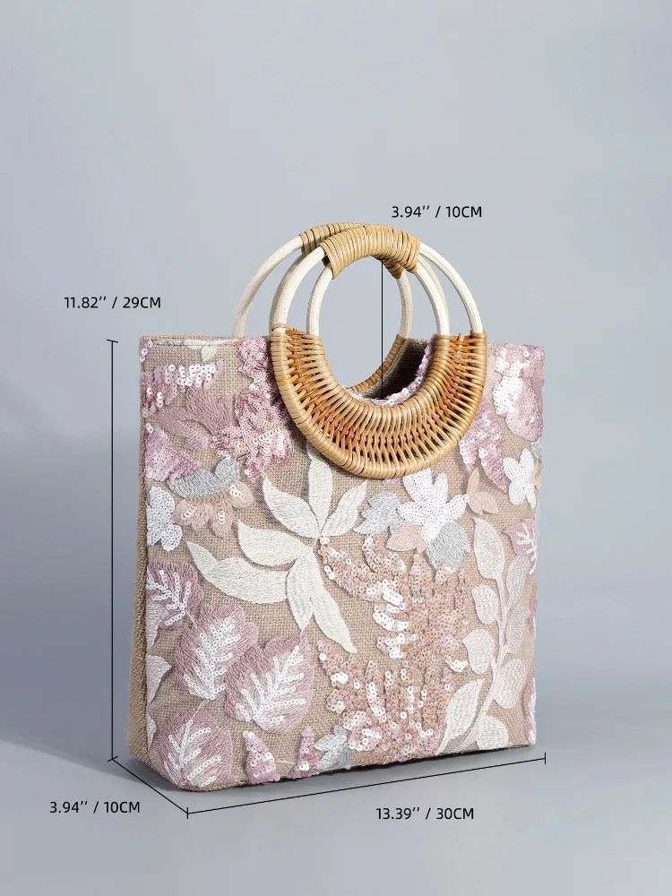 2025 Summer Glitter Embroidery Woven Tote Bags New Round Bamboo Handle Women's Handbags Floral Pattern Fashion Casual Beach Bags