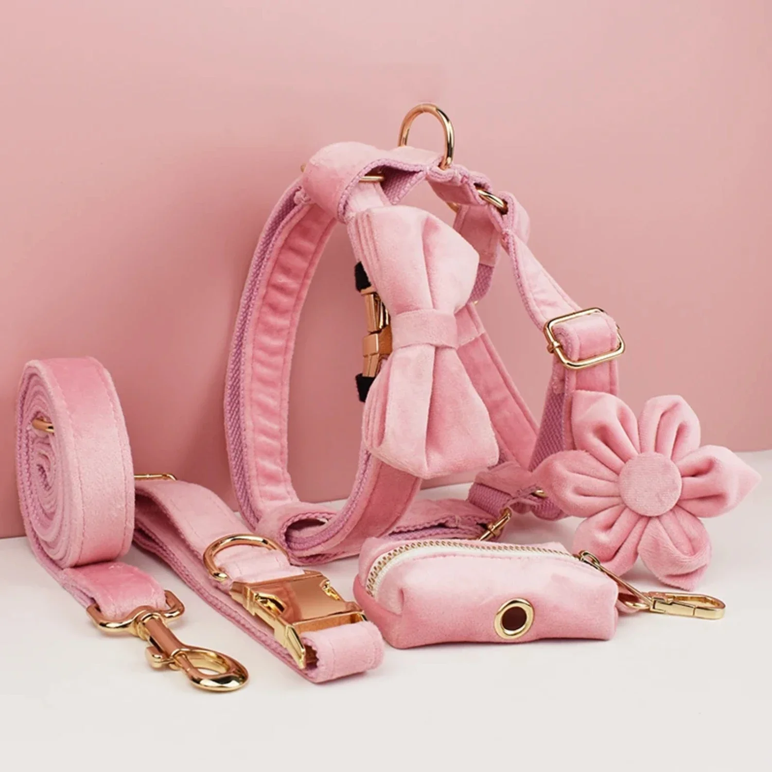 

Stylish, premium, and comfortable pink velvet collar and leash set - luxurious and elegant pet accessories for fashionable pups