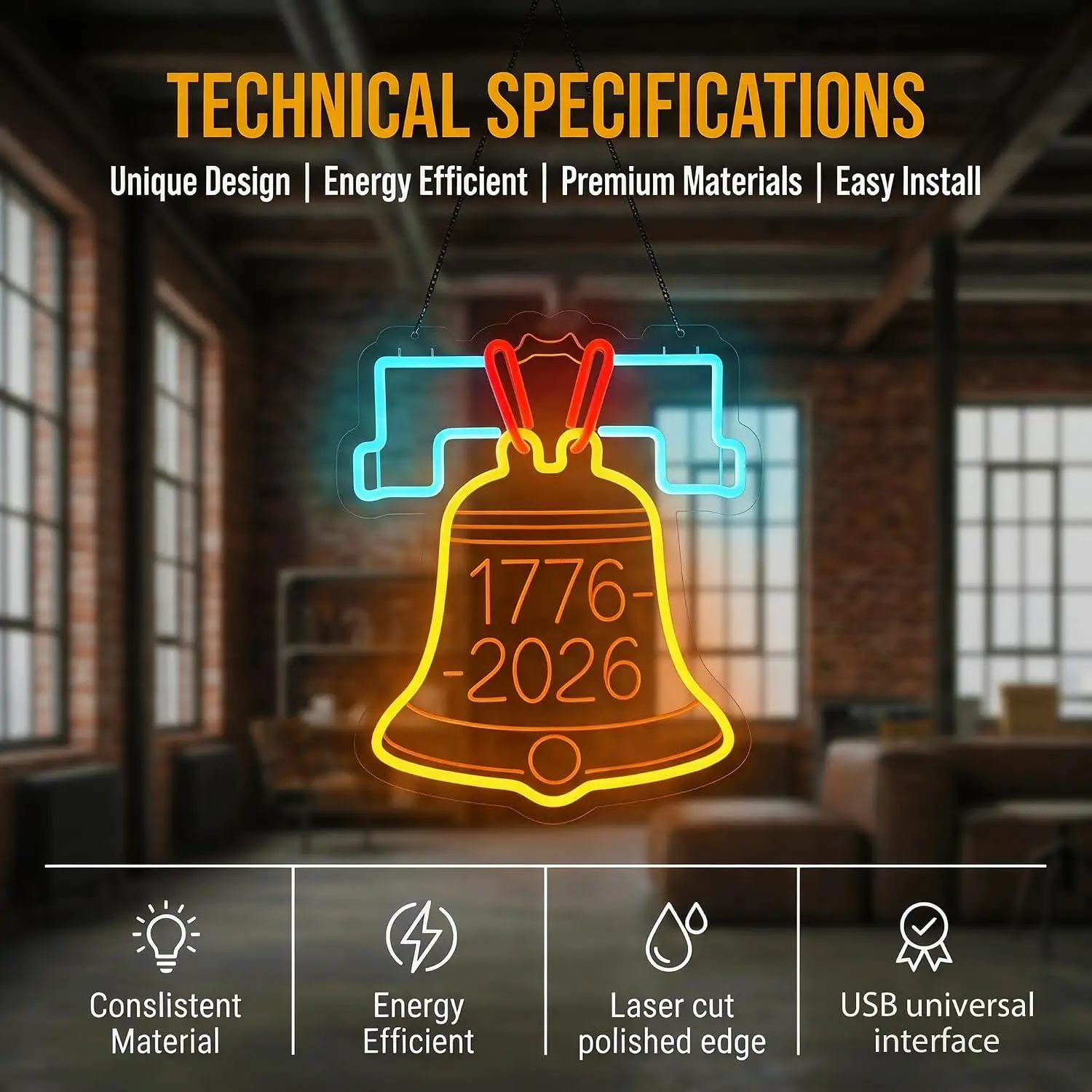 Liberty Bell Neon Sign USB Dimmable LED Lights For Patriotic Theme Party Basement Man Cave Holiday Celebration Wall Display Gift