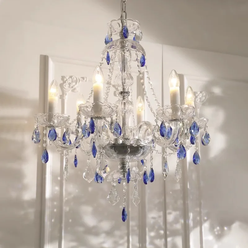 French Blue Romantic Crysatl Chandeliers Light Luxury Glass Living Room Art Decor Candle Pendant Lights Lighting Bedroom Lamps