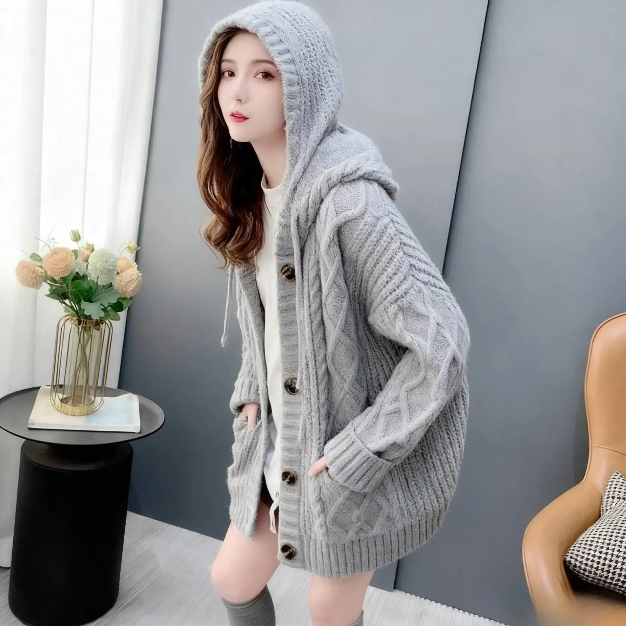 

Свитера Джемперы Кардиганы Женский кардиган Белый для женщин Массивная вязаная лента с деталями во французском стиле Элегантный шикарный романтический стиль