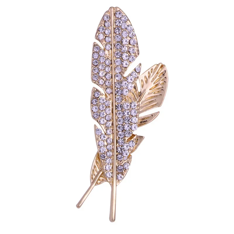 New Temperament Elegant Full Rhinestone Hollow Feather Brooches for Men Classic Brooch Suit Lapel Pin Jewelry Luxury Accessories