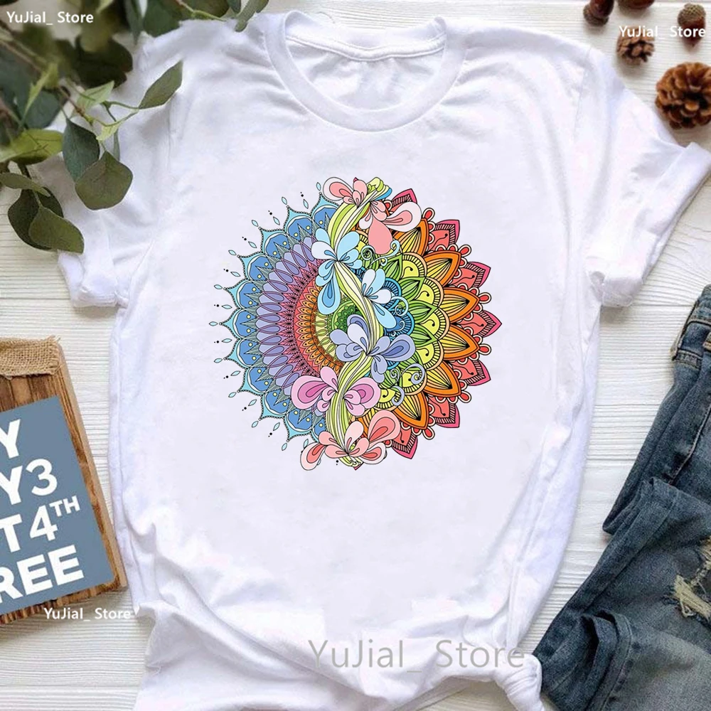 Watercolor Rainbow Meditation Print T Shirt Women Clothes 2024 Funny Namaste Tshirt Femme White Short Sleeve T-Shirt Female