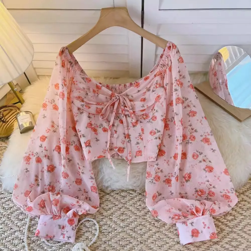 Blusa de gasa con estampado Floral para mujer, Blusa ajustada de manga larga abullonada con cordones, Tops versátiles para otoño, novedad
