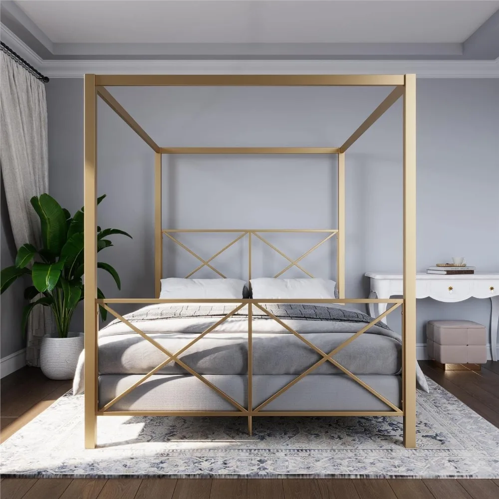 Rosedale Metal Canopy Bed Frame with Four Poster Design and Geometric Accented Headboard and Footboard